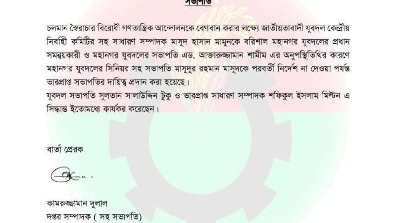 মহানগরের ভারপ্রাপ্ত সভাপতি মাসুদ , মামুন যুবদলের প্রধান সমন্বয়কারী